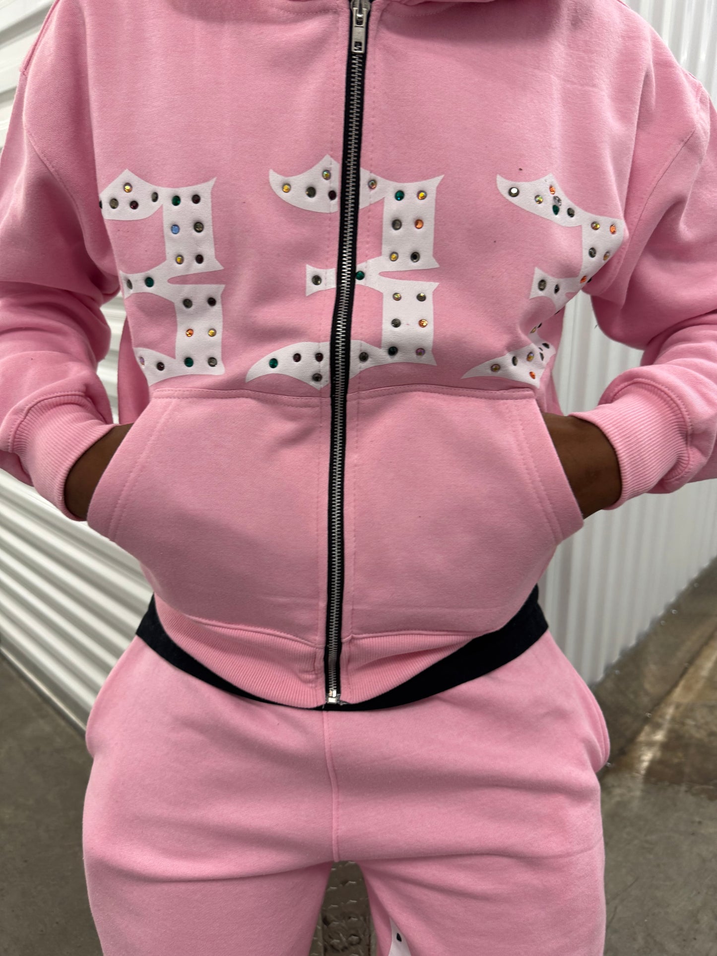 Pink 333 Inlayed GemStones Zip-Up Jacket