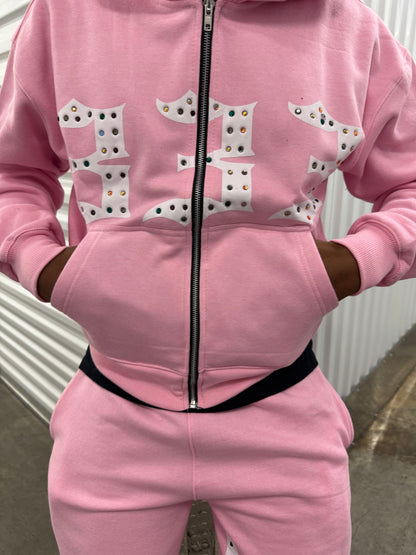 Pink 333 Inlayed GemStones Zip-Up Jacket