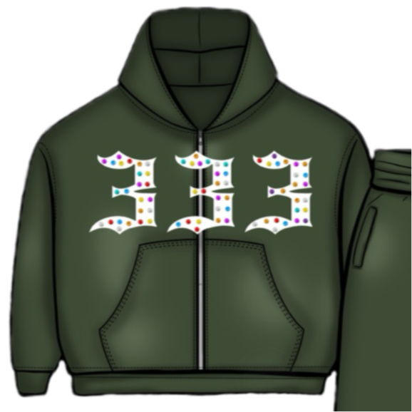 Green 333 Inlayed GemStones Zip-Up Jacket