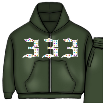 Green 333 Inlayed GemStones Zip-Up Jacket