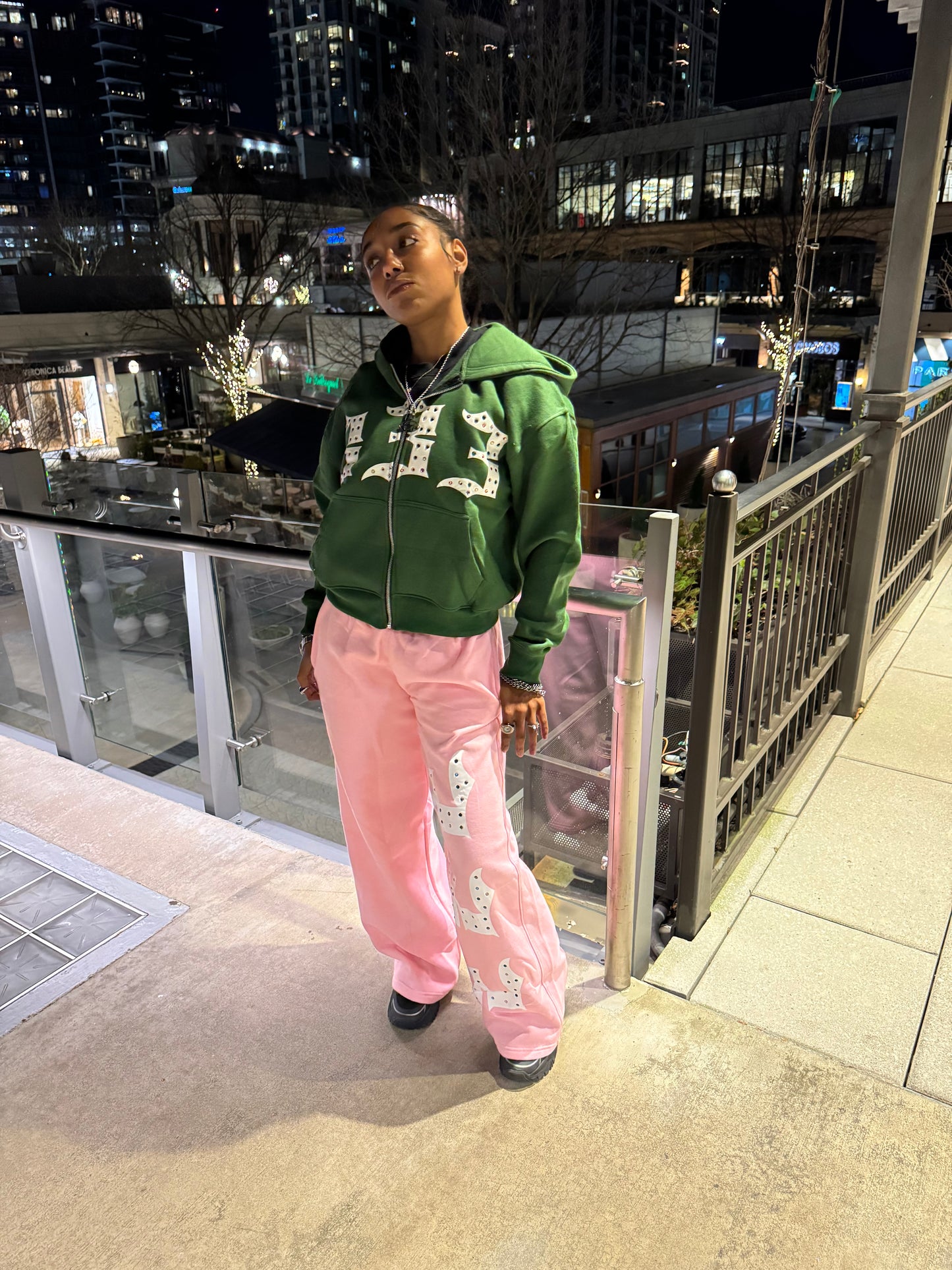 Green 333 Inlayed GemStones Zip-Up Jacket