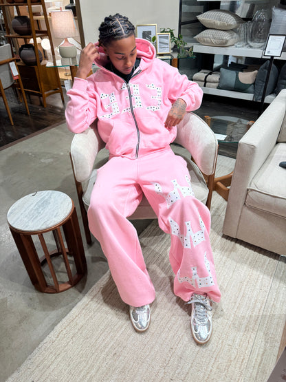 Pink 333 Inlayed GemStones Zip-Up Jacket