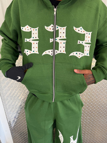 Green 333 Inlayed GemStones Zip-Up Jacket