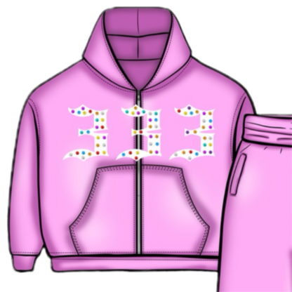 Pink 333 Inlayed GemStones Zip-Up Jacket
