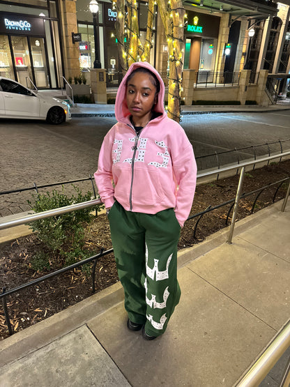 Pink 333 Inlayed GemStones Zip-Up Jacket