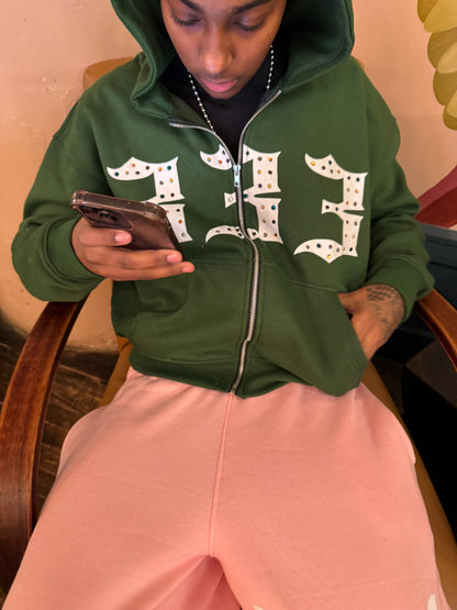 Green 333 Inlayed GemStones Zip-Up Jacket