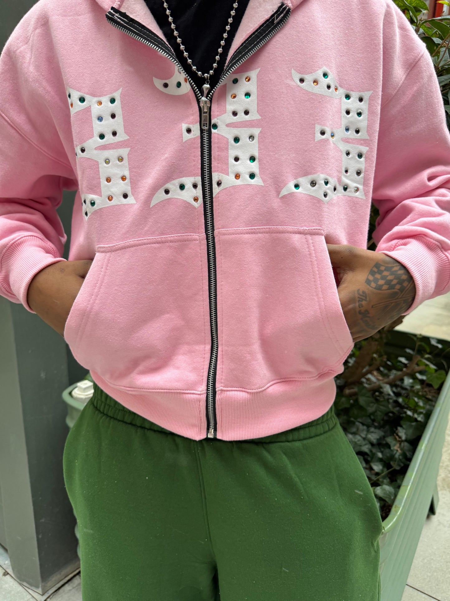 Pink 333 Inlayed GemStones Zip-Up Jacket