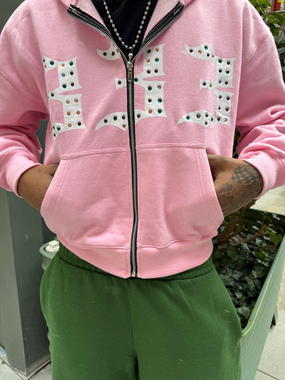 Pink 333 Inlayed GemStones Zip-Up Jacket