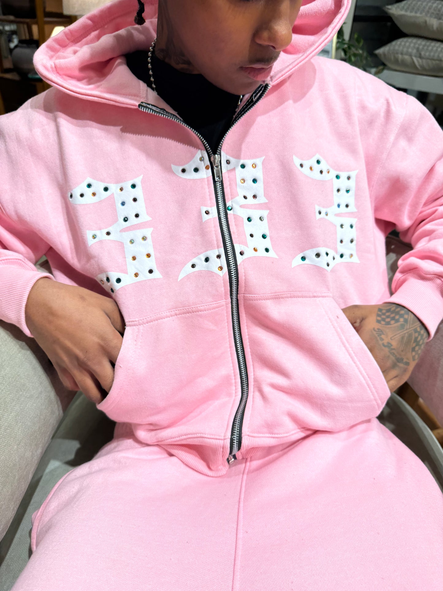 Pink 333 Inlayed GemStones Zip-Up Jacket