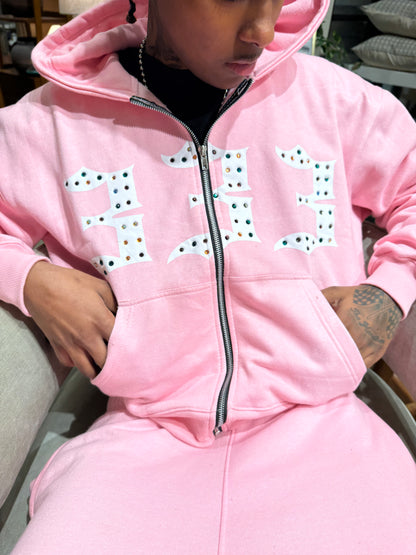 Pink 333 Inlayed GemStones Zip-Up Jacket