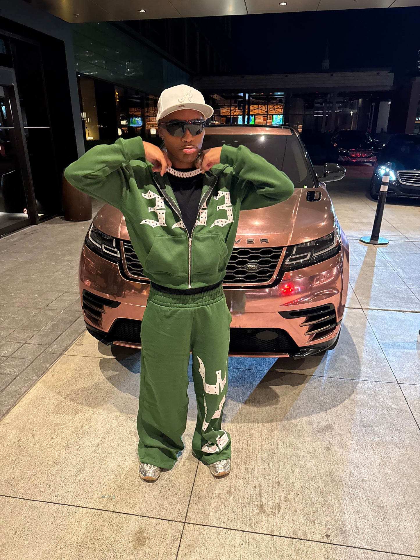 Green 333 Inlayed GemStones Zip-Up Jacket