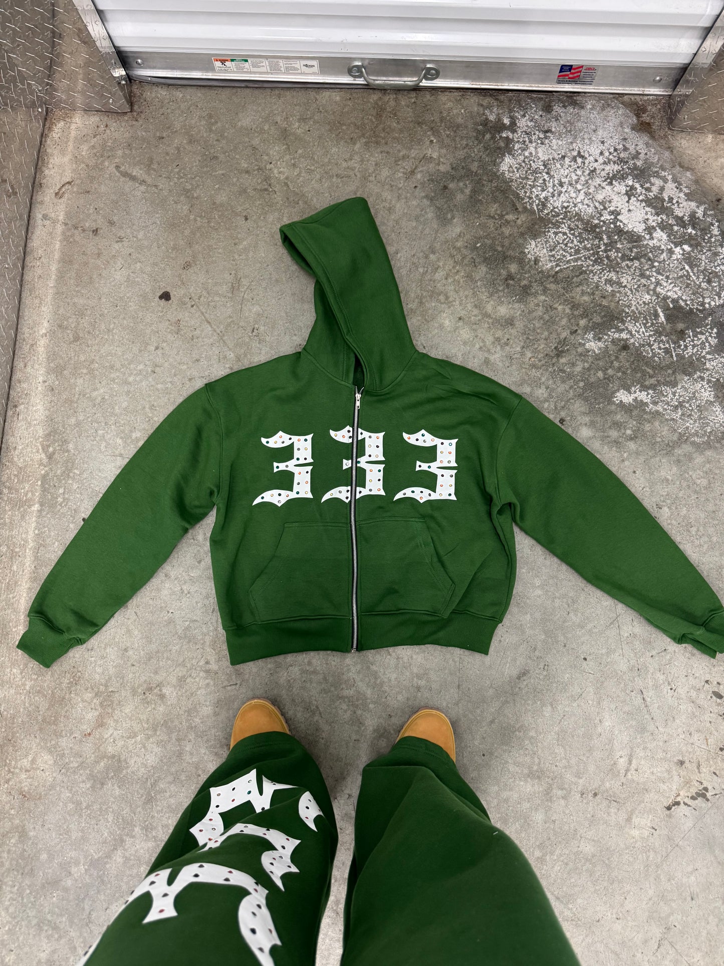 Green 333 Inlayed GemStones Zip-Up Jacket